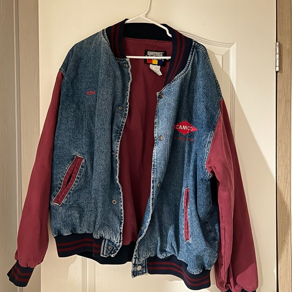 Denim and Burgundy Varsity Jacket